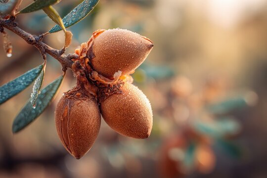 Macro close-up of argan tree nuts bathed in sun with textured brown shells and green leaves