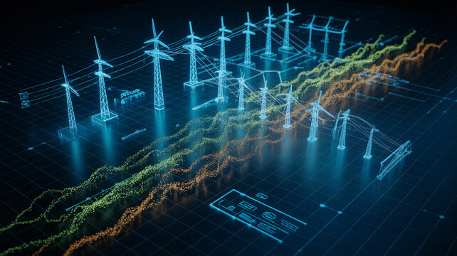 Digital illustration of wind turbines and power lines with glowing blue lines and graphs on a dark background with green and orange data points