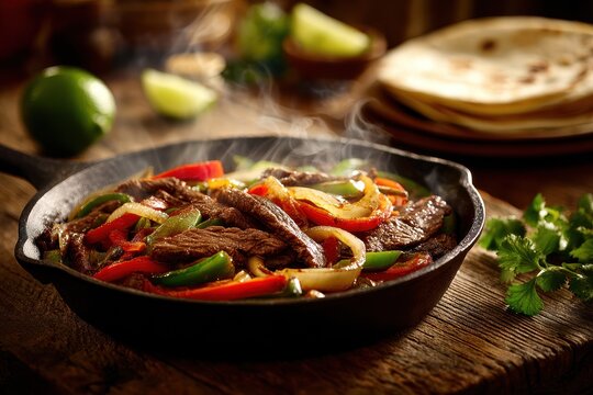 Mexican-inspired beef fajitas sizzling hot with peppers, onions, and warm tortilla sides