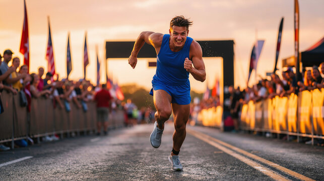 Determined young male athlete in blue sportswear sprinting intensely on a road during a marathon race at sunset with a cheering crowd and flags in the background.