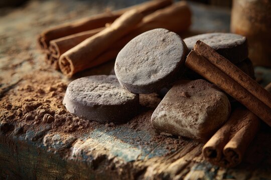 Rustic wooden surface with traditional Mexican chocolate discs and cinnamon sticks