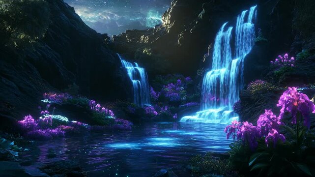 Magical glowing waterfall cascading nocturnal rainforest with vivid luminous reflections blue mist and tranquil river pools creating an otherworldly nature background for fantasy travel and relaxation