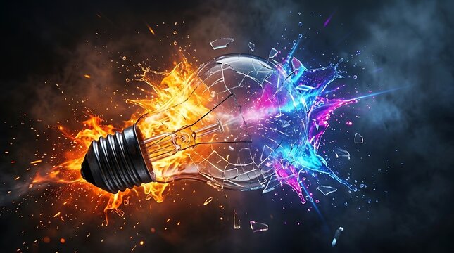 Exploding Light Bulb with Fire and Ice Splashes Contrasting Colors lightbulb, explosion, fire, ice, energy, concept, idea, innovation, power