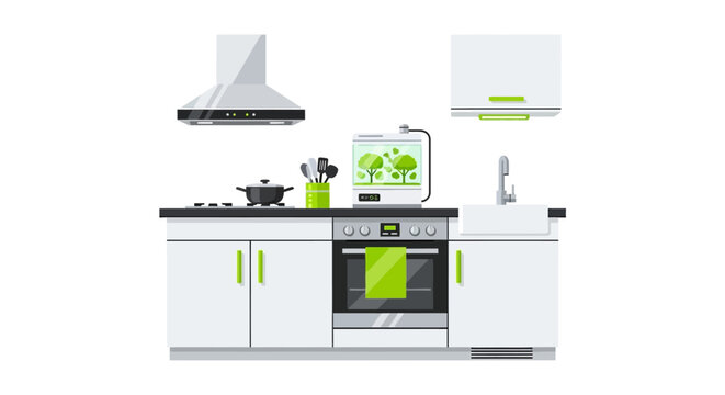 Modern Sustainable Kitchen Design Illustration with Indoor Hydroponic Garden and Minimalist White Cabinets