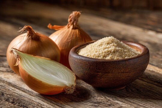 Macro shot of ripe onion and powder in a ceramic bowl in a simple kitchen setting with natural light