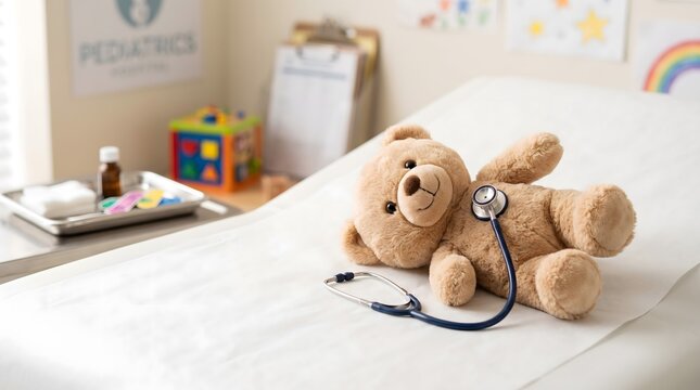 Teddy bear with stethoscope lying on examination table in pediatric clinic room
