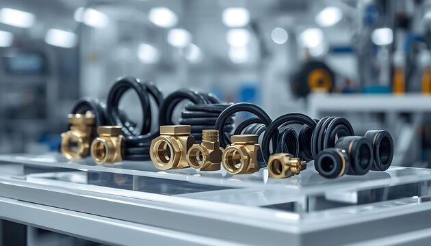 Assorted brass and black plumbing fittings and hoses are displayed on a clean, reflective surface within a bright industrial setting.