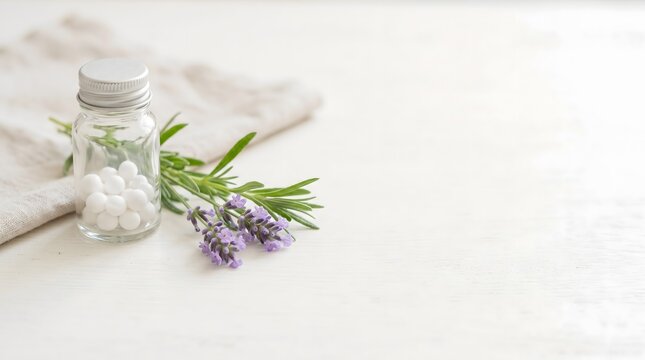 Glass jar with white homeopathic pill bead next to lavender sprig on table
