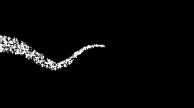 White star particle trail blowing in single wave path on black background, alpha channel magic light streak