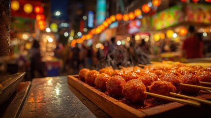 Naklejka premium Warm lantern-lit street scene with fried fish balls on skewers at a Taipei night market