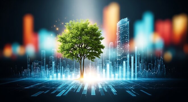 A vibrant green tree growing in the center of a digital city skyline with glowing financial charts and data graphs representing sustainable business