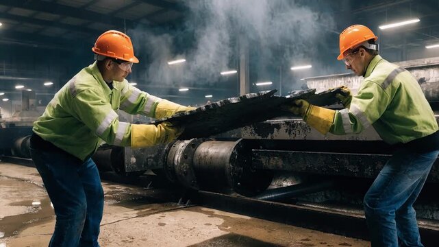 Medium shot of skilled workers handling abrasionresistant plates in a factory showcasing the precision and strength required for highyield metal processing