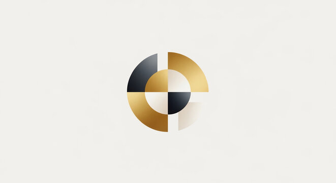 Abstract modern geometric circular design with metallic gold and dark textured quadrants on a minimalist light background