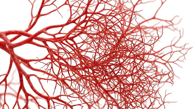Red blood vessel network branching into fine capillary on white clean background