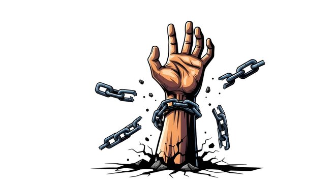 A powerful illustration of a hand reaching upward, successfully breaking metal chains. Symbolizes freedom, liberation, overcoming obstacles, strength, and triumph.