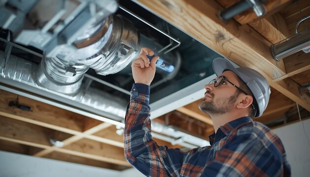 A focused technician wearing glasses and a cap examines and repairs a complex network of metal ventilation ducts and pipes in a dimly lit ceiling space.