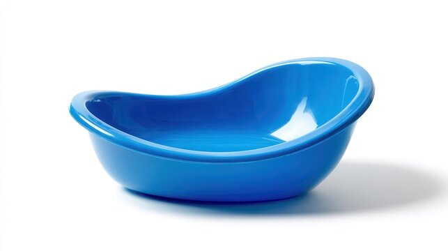 Side view of a blue plastic fracture bedpan on a white background, studio product shot