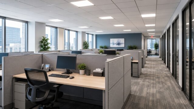 Modern office cubicles arranged in open plan corporate workspace