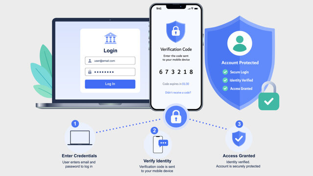 Two factor authentication concept. Smartphone verification code. Secure login process. Protected user account. Flat vector illustration