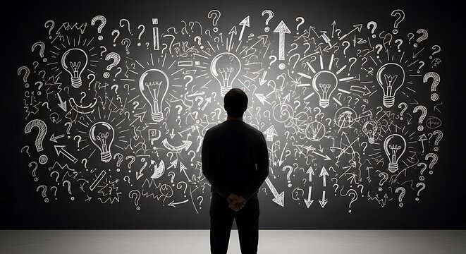 Businessman standing before a large dark wall covered in chalk drawn light bulbs and question marks representing complex problem solving process