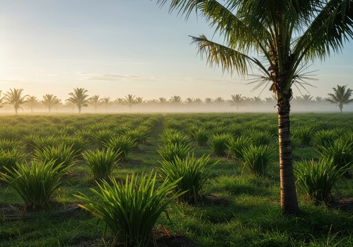 Eine hoch aufragende Kokospalme dominiert die Szene auf einer endlosen Plantage. Paradiesische, gr&uuml;ne Landwirtschaft in der Sonne, Plantage, Kokosnuss, Landwirtschaft
