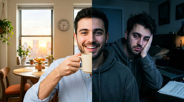 Work Life Contrast: A split-screen image vividly portrays the duality of modern life.