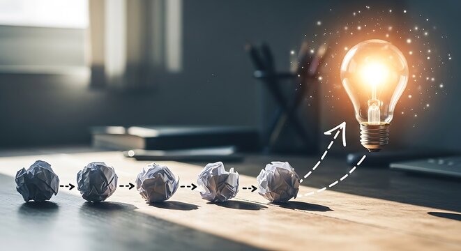 Creative business process showing crumpled paper balls evolving into a glowing light bulb idea on a wooden office desk with soft lighting
