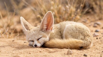 Fototapeta premium A fennec fox sleeping peacefully on desert sand. Its oversized ears and thick, sandy fur are prominent. The scene radiates a soft, tranquil, and innocent warmth.