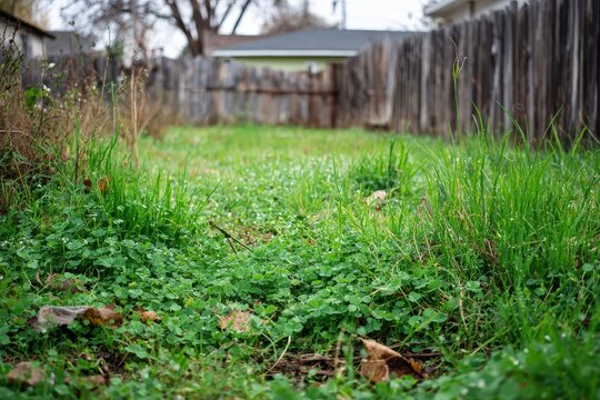 Overgrown residential yard featuring crabgrass patches and clover weeds