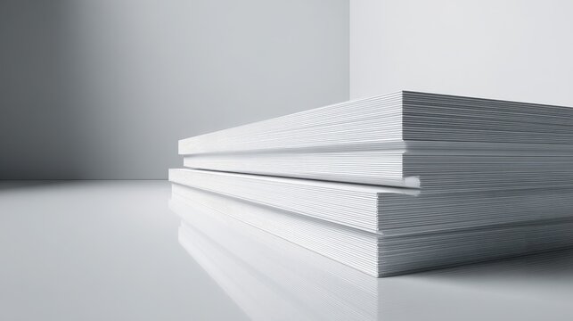 Photorealistic render of white corrugated plastic sheets arranged in a neat stack on a reflective platform