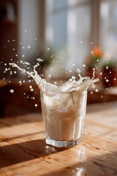 Milk splash in motion: natural daylight captures droplets suspended above a light tabletop