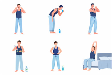 Fototapeta premium Male Character Performing Daily Morning Hygiene Routine and Dental Care Illustration Set