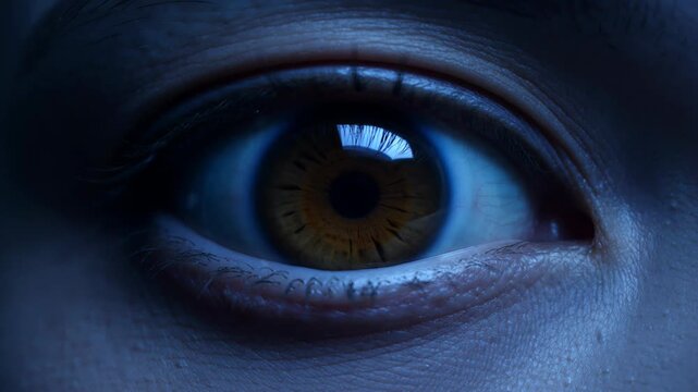 Futuristic human eye with warm amber iris activating a glowing blue bionic ring, symbolizing augmented reality and advanced cybernetic technology, powering on effect