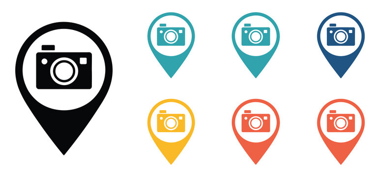 camera map icon featuring photo location symbols and photography marker graphics for navigation concept design