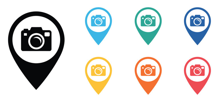 camera map icon representing photo destination markers and navigation graphics for travel photography applications