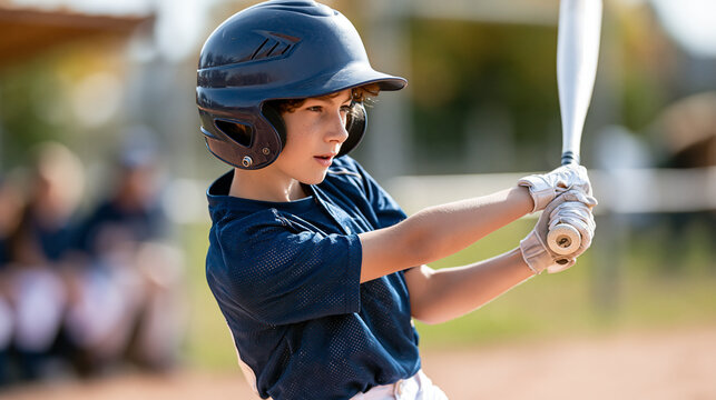 Close-up of a young baseball player in action swinging at a pitch in a lively game, youth sport concept, baseball swing photography, game excitement visualization, defocused
