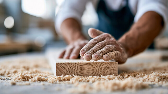 Close-up of hands covered in wood dust carefully shaping wood in a workshop, woodworking craft concept, dusty hand photography, artisan craftsmanship visualization, defocused