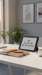 Fototapeta premium Modern office desk with digital tablet, notebooks, and coffee cup in bright workspace with plants and wall art