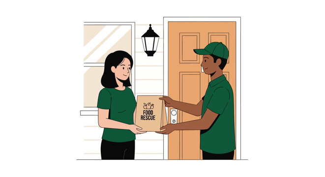 Food Rescue Delivery Courier Handing Donation Bag to Woman at Doorstep. Sustainable Living and Zero Waste Charity Concept Vector Illustration.