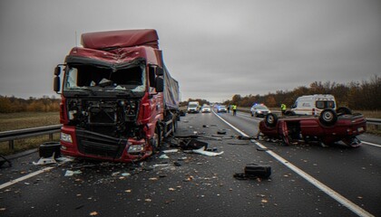 A severe road accident on a highway featuring a heavily damaged red semi-truck and an overturned passenger car with emergency vehicles on the scene. © artvibi
