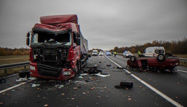 A severe road accident on a highway featuring a heavily damaged red semi-truck and an overturned passenger car with emergency vehicles on the scene.