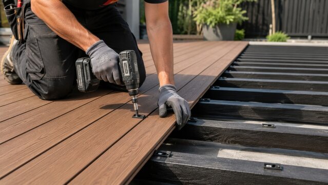 Worker fastening decking boards on outdoor deck frame