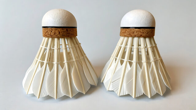 Two white badminton shuttlecocks with brown cork bases on plain background