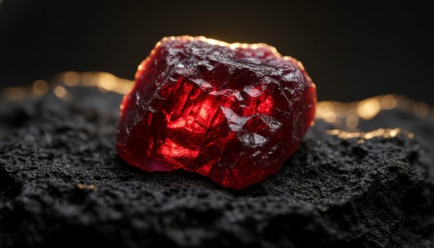 Rough red ruby gemstone on dark volcanic rock