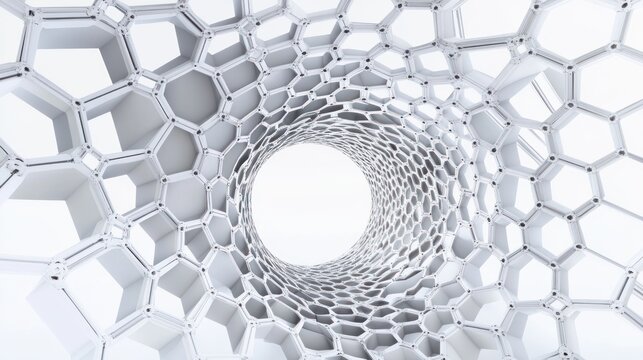 White hexagonal tunnel with abstract cell structure converging towards bright light
