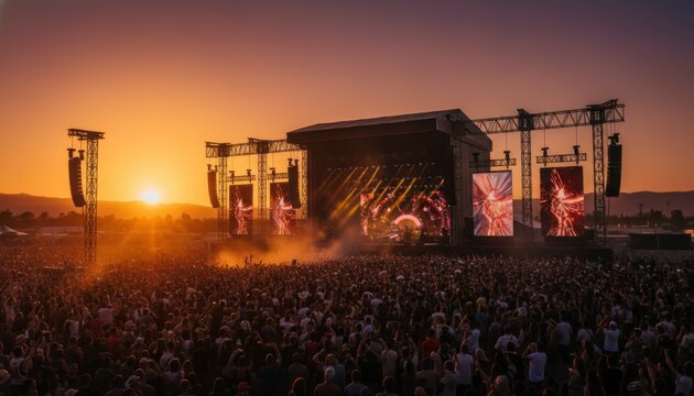Large crowd of people at an outdoor music festival stage during sunset