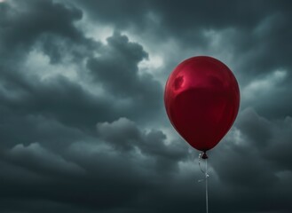 Obraz premium Single red balloon floating against a dark stormy sky with heavy clouds