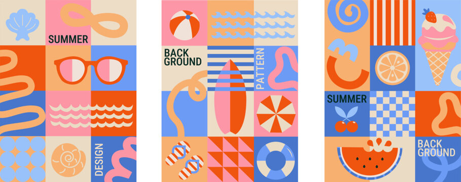 Set summer geometric flyers with hot season symbols-sunglasses, ice cream, seashells, surfboard, waves, watermelon. Template for sales, web, design, label, advertise and print. Vector illustration.