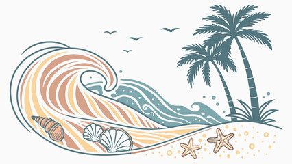 Obraz premium A colorful beach scene with a large wave, palm trees, seashells, and starfish