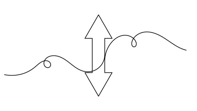 Arrow pointing up and down icon continuous one line art single drawing on white background minimalist pointer for business growth symbol 4k animation video